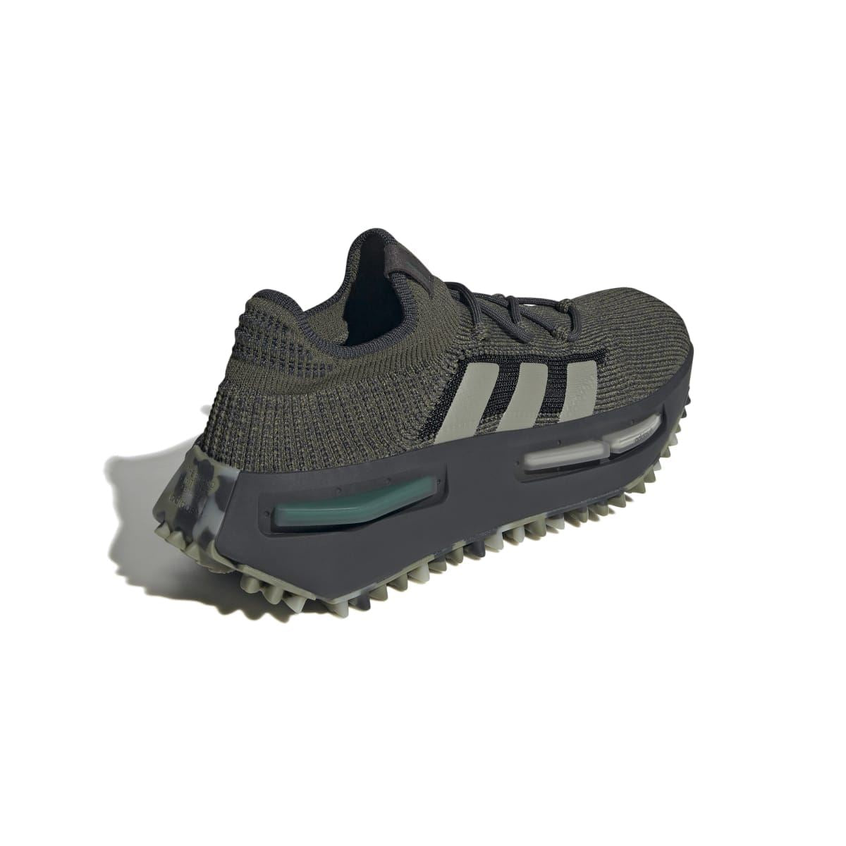 3/4 view of adidas NMD_S1 trainers in dark olive knit with teal midsole accent