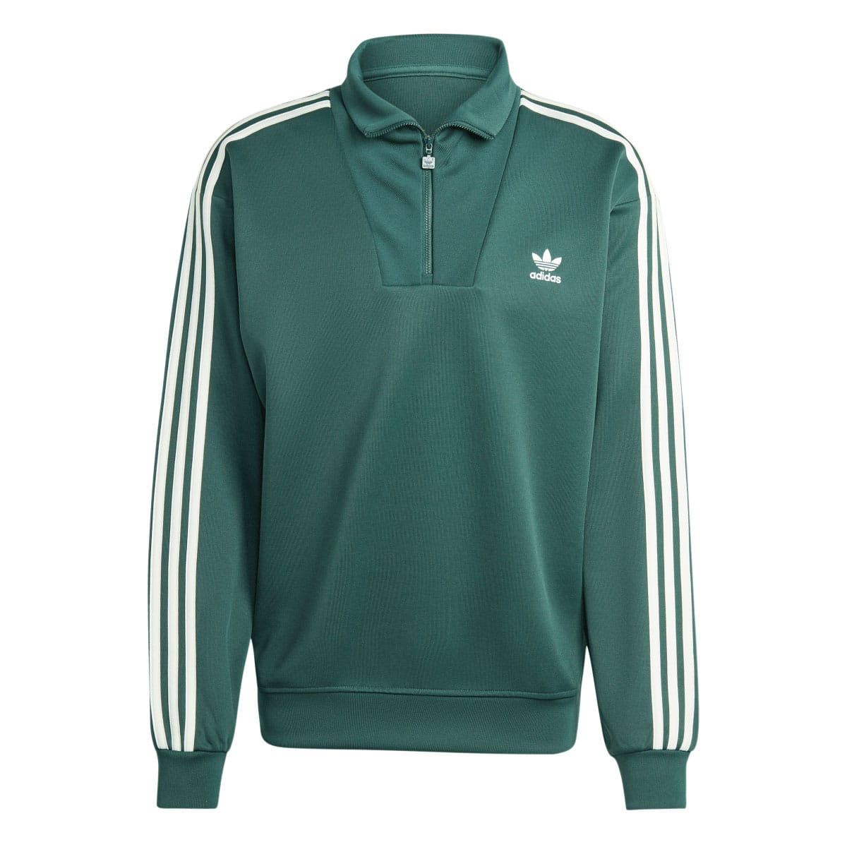 Green adidas Originals track top with funnel neck, quarter-zip, and white 3-stripe sleeves