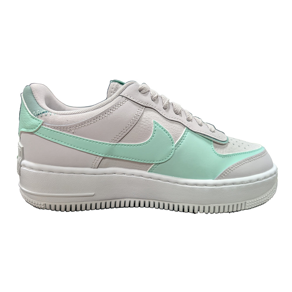 Nike AF1 Shadow side view in vast grey with mint overlays and lace-up design