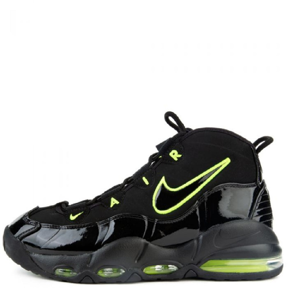 Men's black Nike Air Max Uptempo '95 sneakers with Volt swoosh and visible air sole.