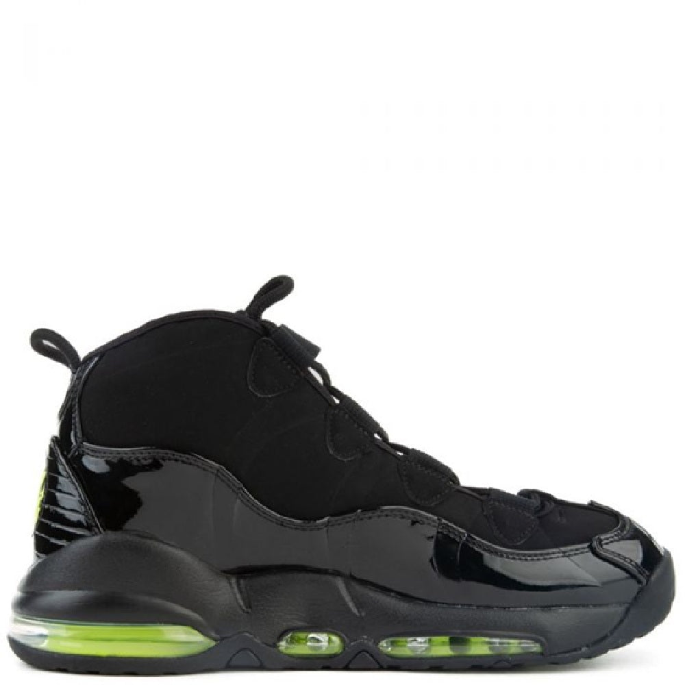 Men's black Nike Air Max Uptempo '95 sneaker with Volt trim, lace-up and rounded heel.