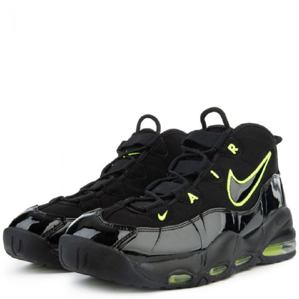 Men's black Nike Air Max Uptempo '95 with Volt swoosh, lace-up upper and neon accents.