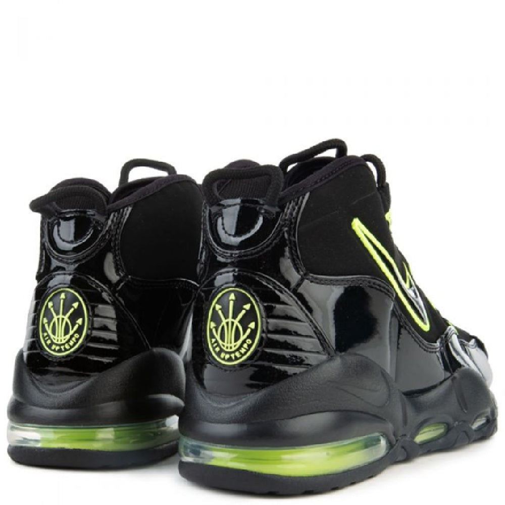 Men's black Nike Air Max Uptempo '95 heel view with Volt lace loops and windowed air unit.
