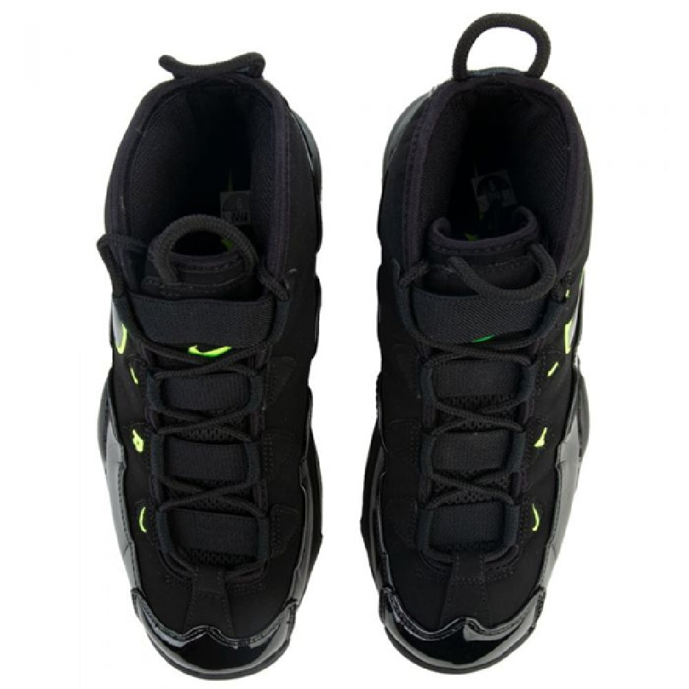 Men's black Nike Air Max Uptempo '95 shoes with neon lace tips and padded collar.