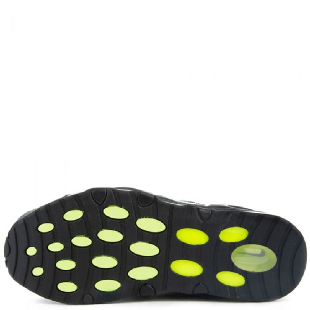 Men's black Nike Air Max Uptempo '95 rubber outsole with neon green traction dots.