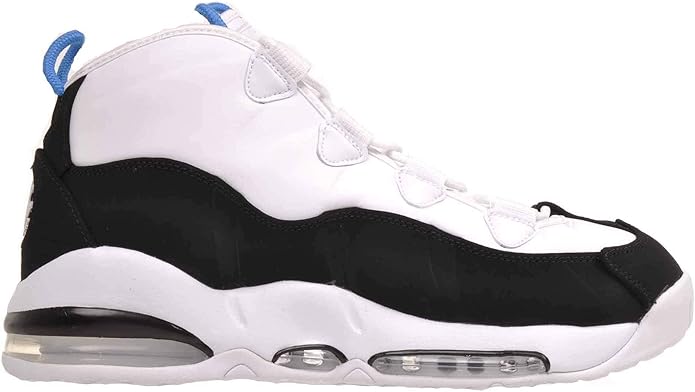 Men's Nike Air Max Uptempo '95 sneaker side view, white upper with black panels and blue