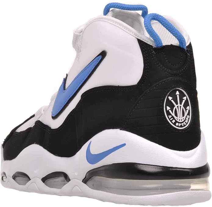 Men's Nike Air Max Uptempo '95 sneaker heel view, black and white with blue swoosh