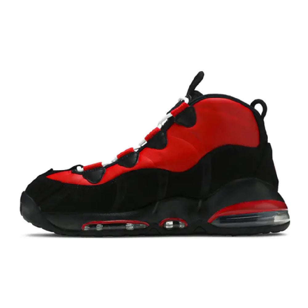 Nike Air Max Uptempo high-top sneakers, side view in red, black, and white accents