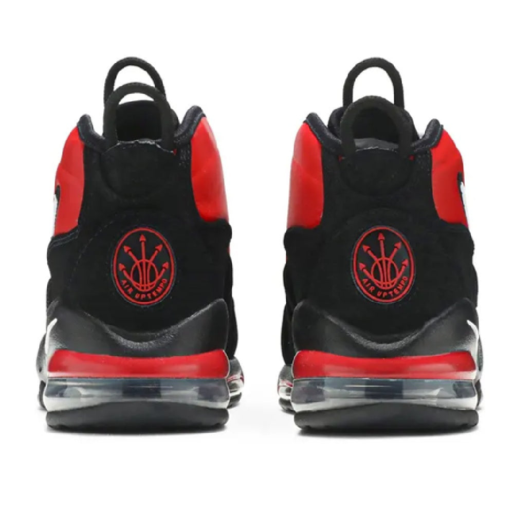 Nike Air Max Uptempo sneakers heel view, black uppers with red panels and lace tabs