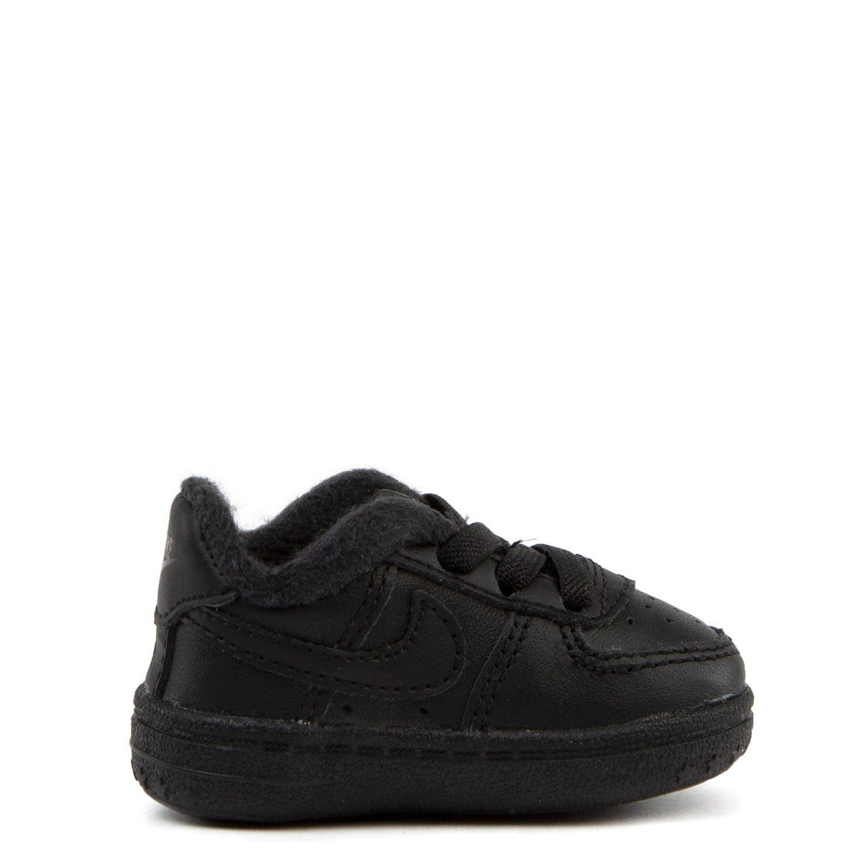 Infant Nike Force 1 crib shoe, black upper with lace-up, padded collar, swoosh detail