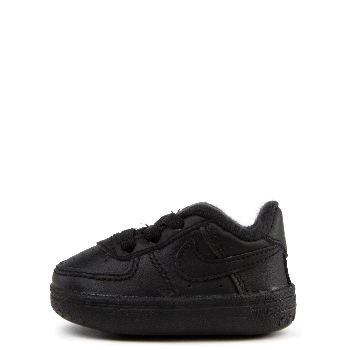 Infant Nike Force 1 crib shoe, black leather upper with lace-up and swoosh