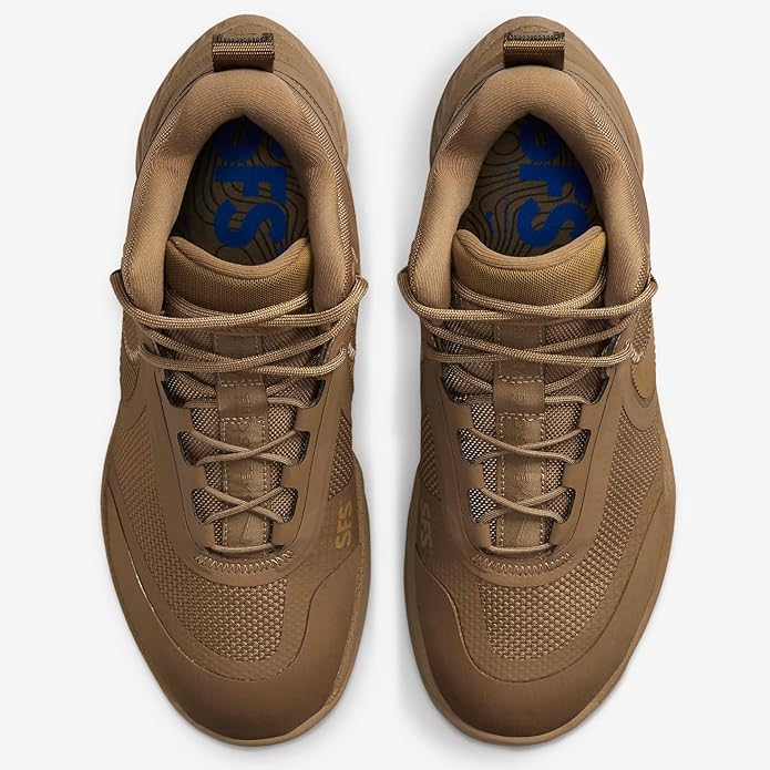 Men's Nike lace-up boots, tan uppers with blue-lined tongue and padded collar