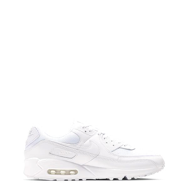 Men's Nike Air Max 90 white sneakers, side view with gold air unit