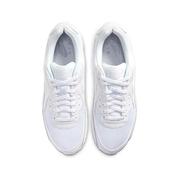 Men's Nike Air Max 90 white sneakers, pair showing laces and padded tongue