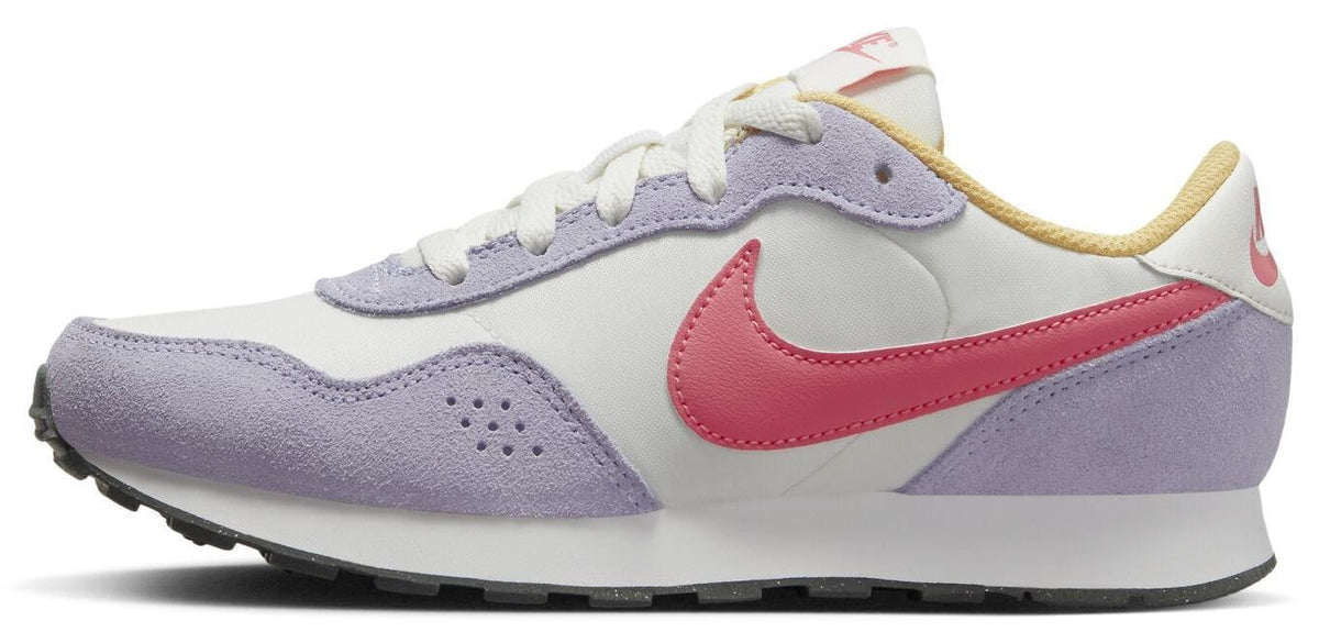 Kids' Nike MD Valiant sneakers, side view: white upper, lavender panels, coral swoosh