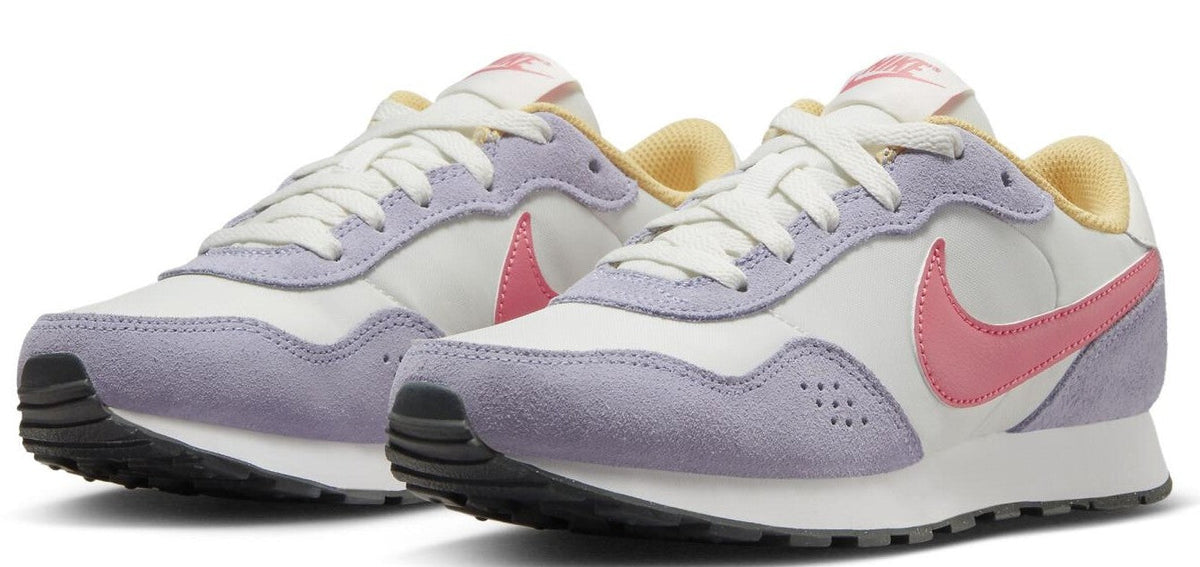 Kids' Nike MD Valiant sneakers, pair view: white and lavender uppers with coral swooshes
