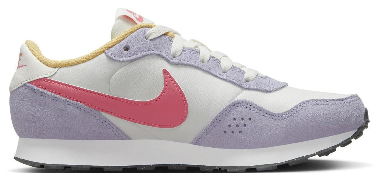 Kids' Nike MD Valiant sneakers with white, lavender, and coral-pink accents; black sole