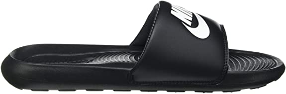 Black Nike Victori One slide sandal with white swoosh on strap