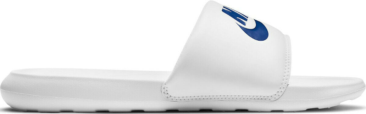White Nike slide sandals with blue swoosh logo on single band