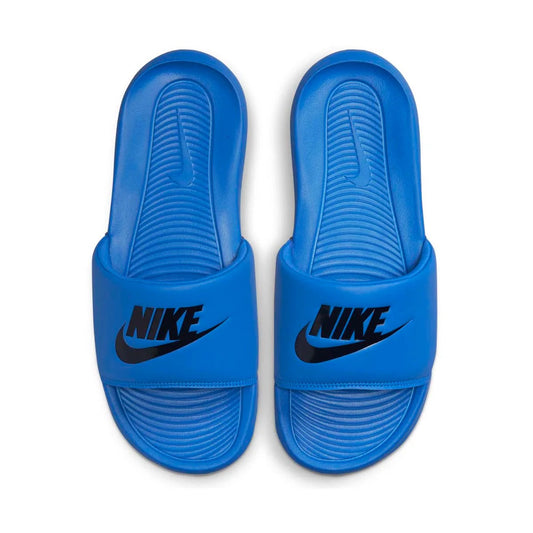 Men's Nike slide sandals in royal blue with black logo, cushioned footbed