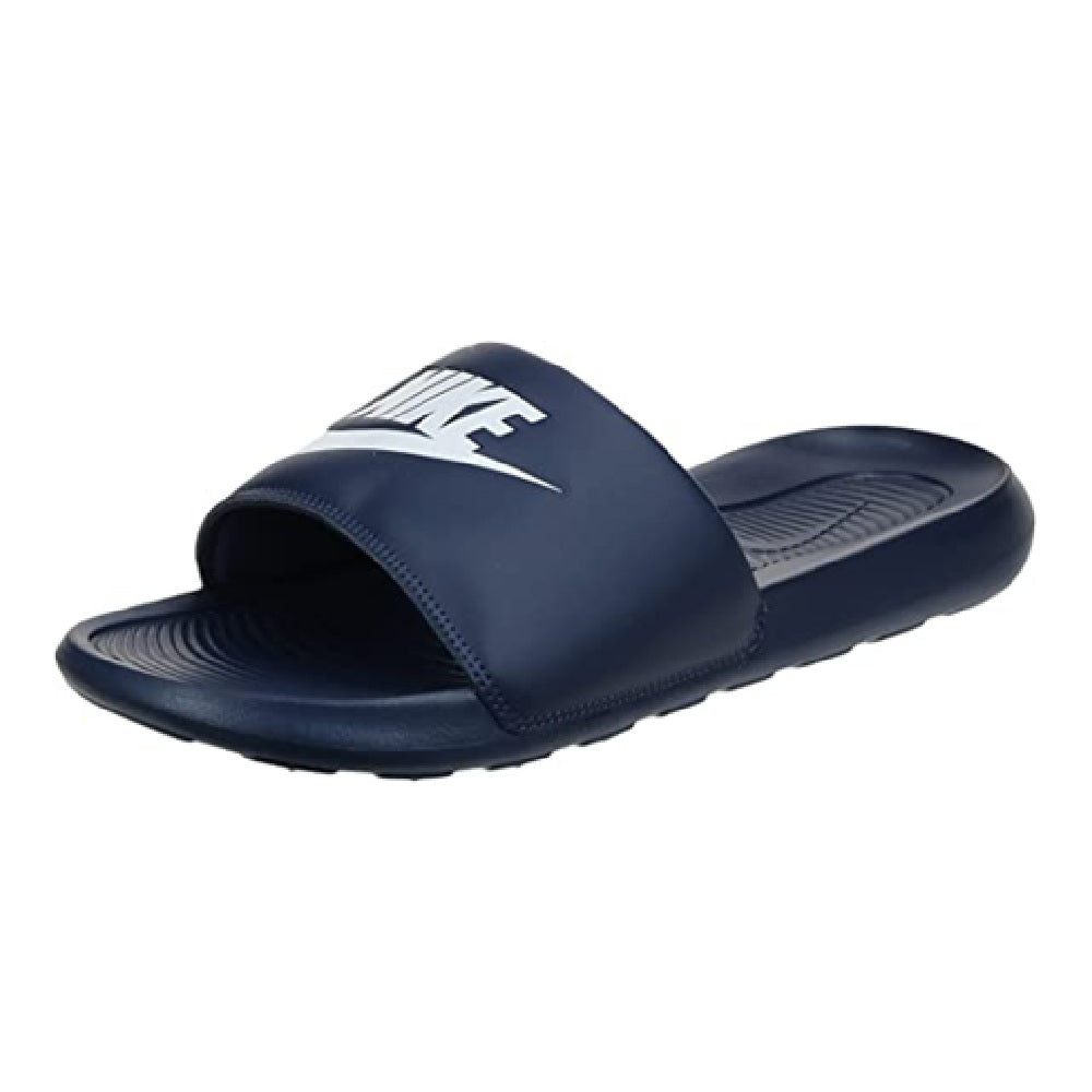 Men's navy slide sandal with white swoosh logo on the top band.