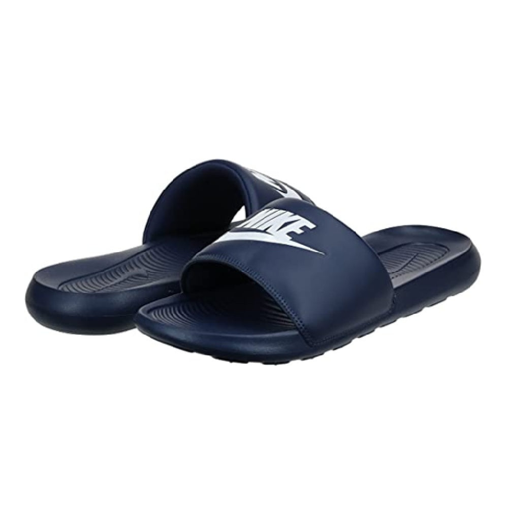 Men's Nike slide sandal in dark navy with white logo, cushioned footbed.