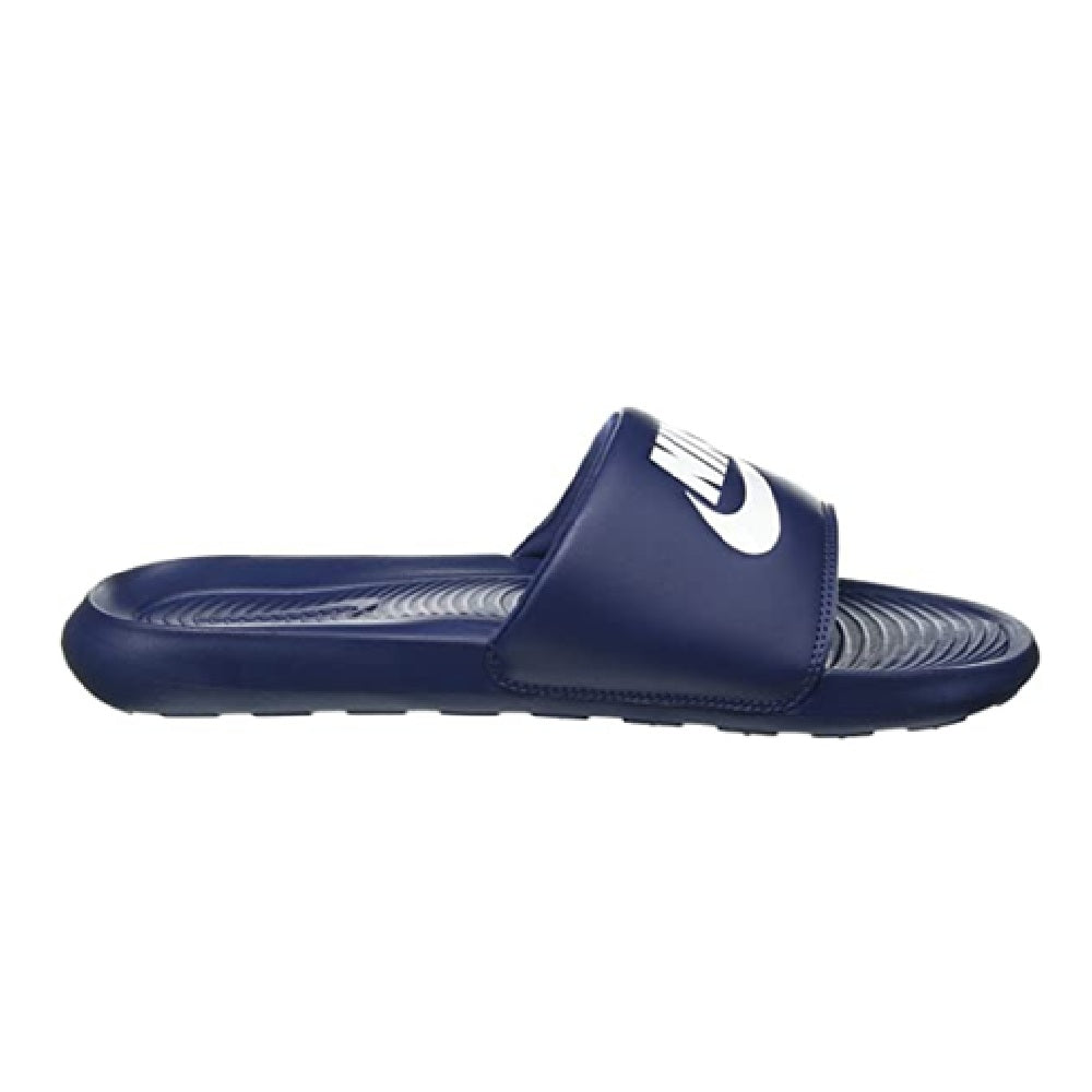 Men's navy slide sandal with white Nike swoosh on the single band strap.