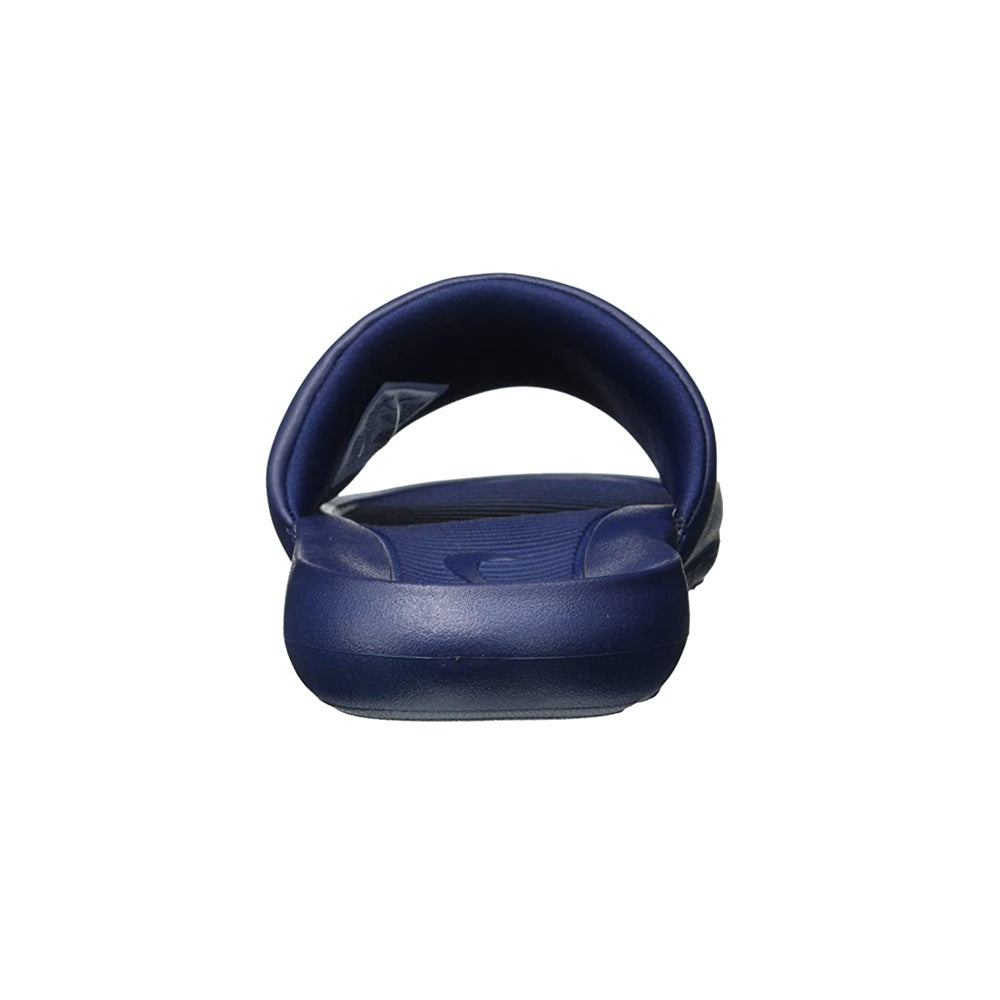Navy slide sandal with padded strap and open toe design.