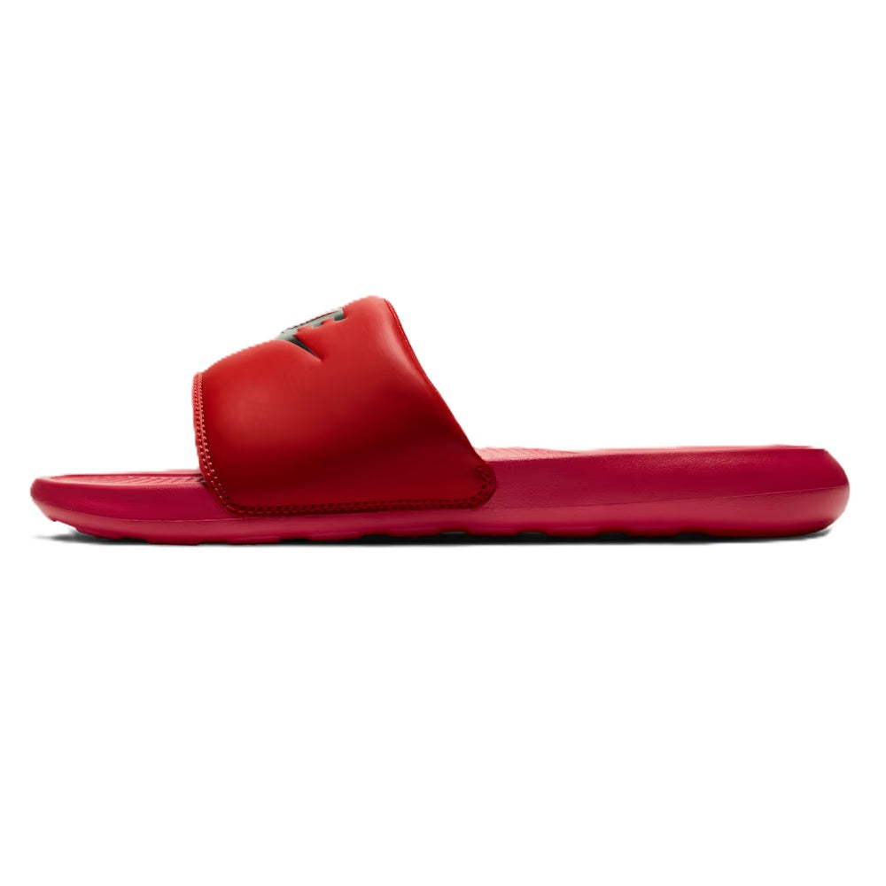 Men's Nike Victori One slide sandal, red upper with black logo, single strap