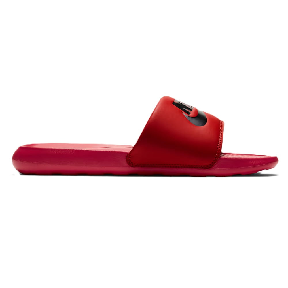 Men's Nike Victori One slide sandal, red, contoured footbed with black swoosh