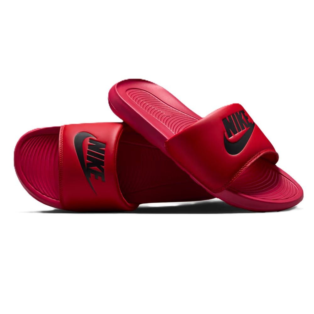 Men's Nike Victori One slide sandal, red with Nike logos on straps and footbeds