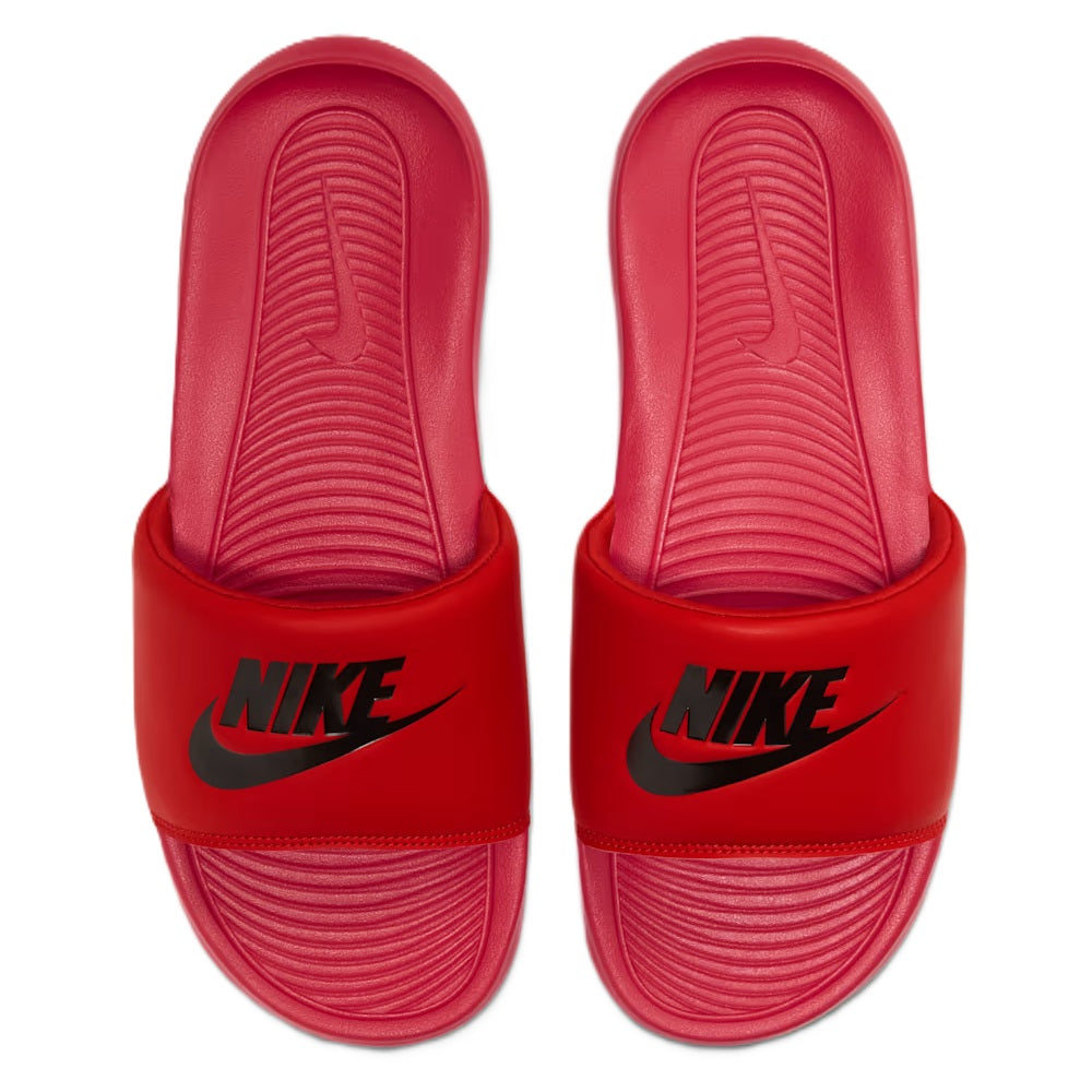 Men's red Nike slide sandal, heel logo and ribbed footbed texture