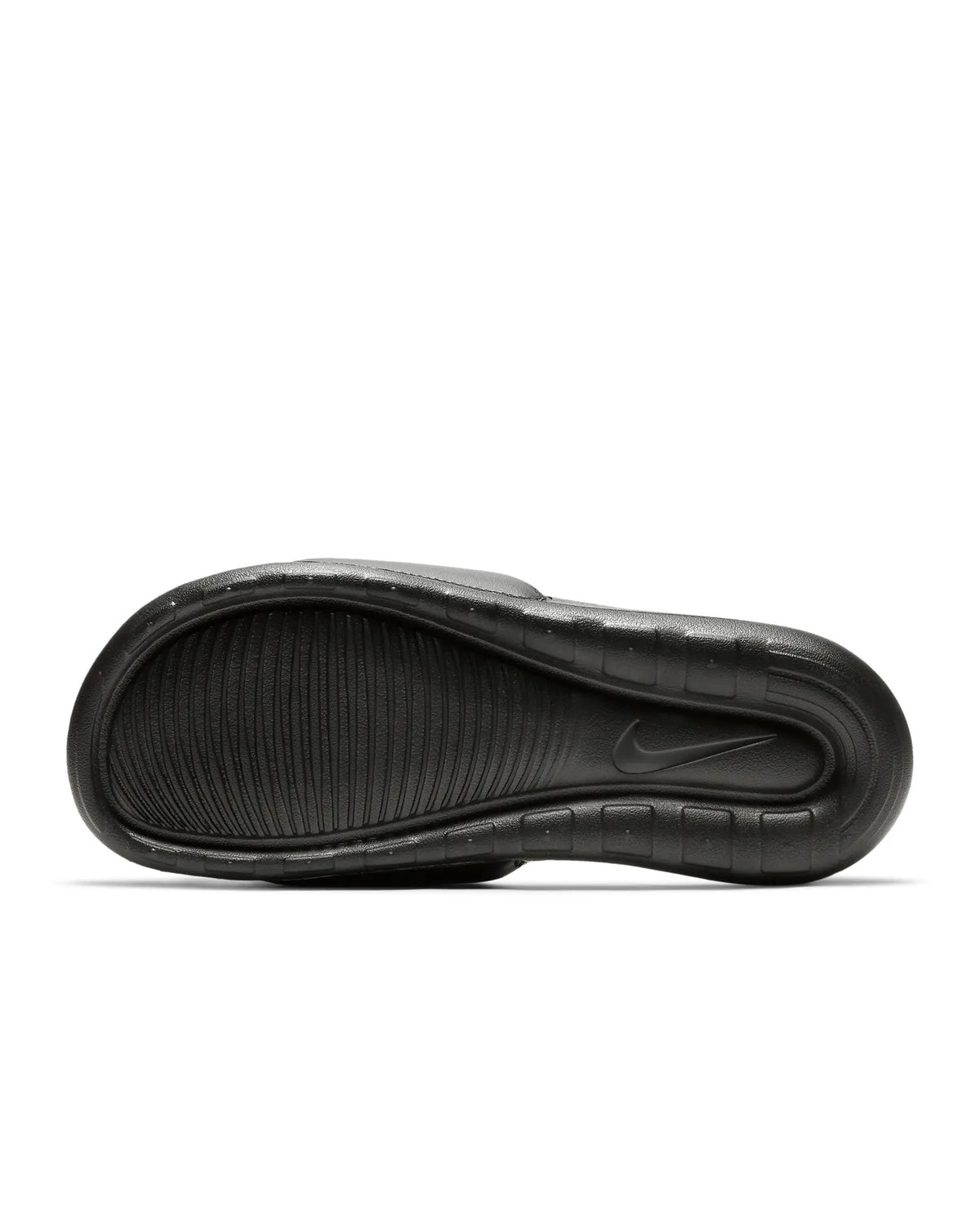 Black slide sandal outsole with ribbed traction pattern and rounded toe