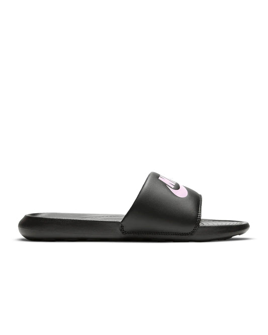 Women's black slide sandals with pink Nike logo on strap