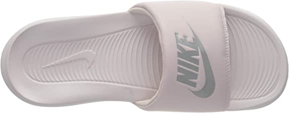 Women's Nike slide sandals, barely rose with metallic silver Nike Swoosh on strap
