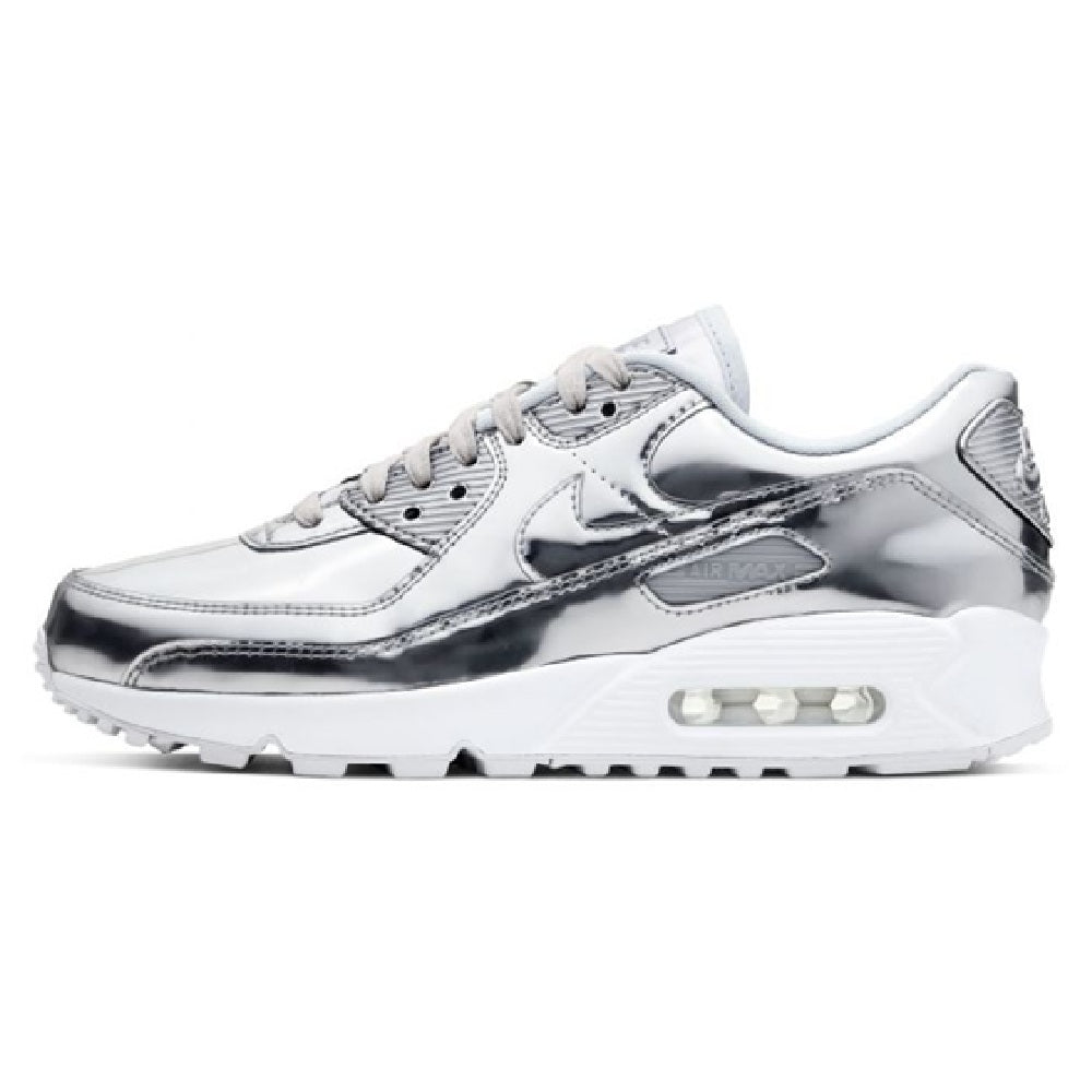 Women's Nike Air Max 90 SP chrome sneakers with white laces and silver side panel