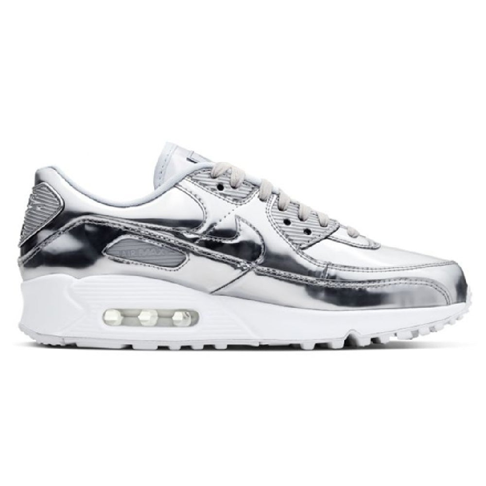 Women's Nike Air Max 90 SP chrome sneakers, side view with visible Air unit