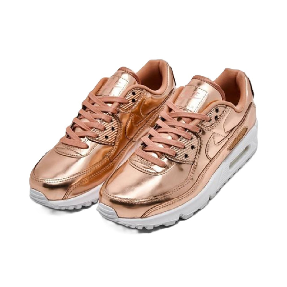 Rose gold Nike Air Max 90 SP sneakers, front view with lace-up and white midsole