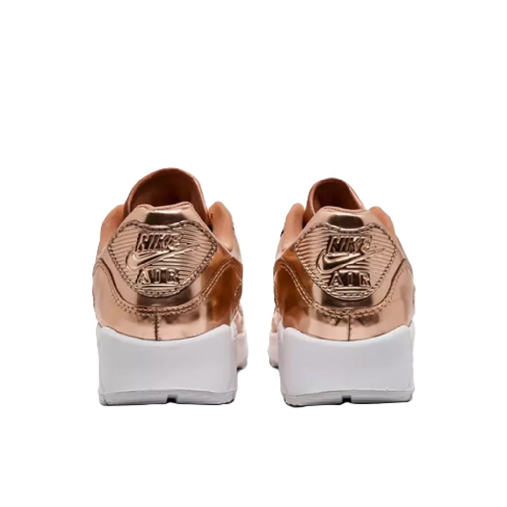 Rose gold Nike Air Max 90 SP sneakers, rear view with Air Max heel branding
