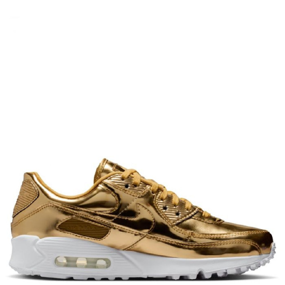 Metallic gold lace-up sneakers with Nike logo and white Air-cushion sole