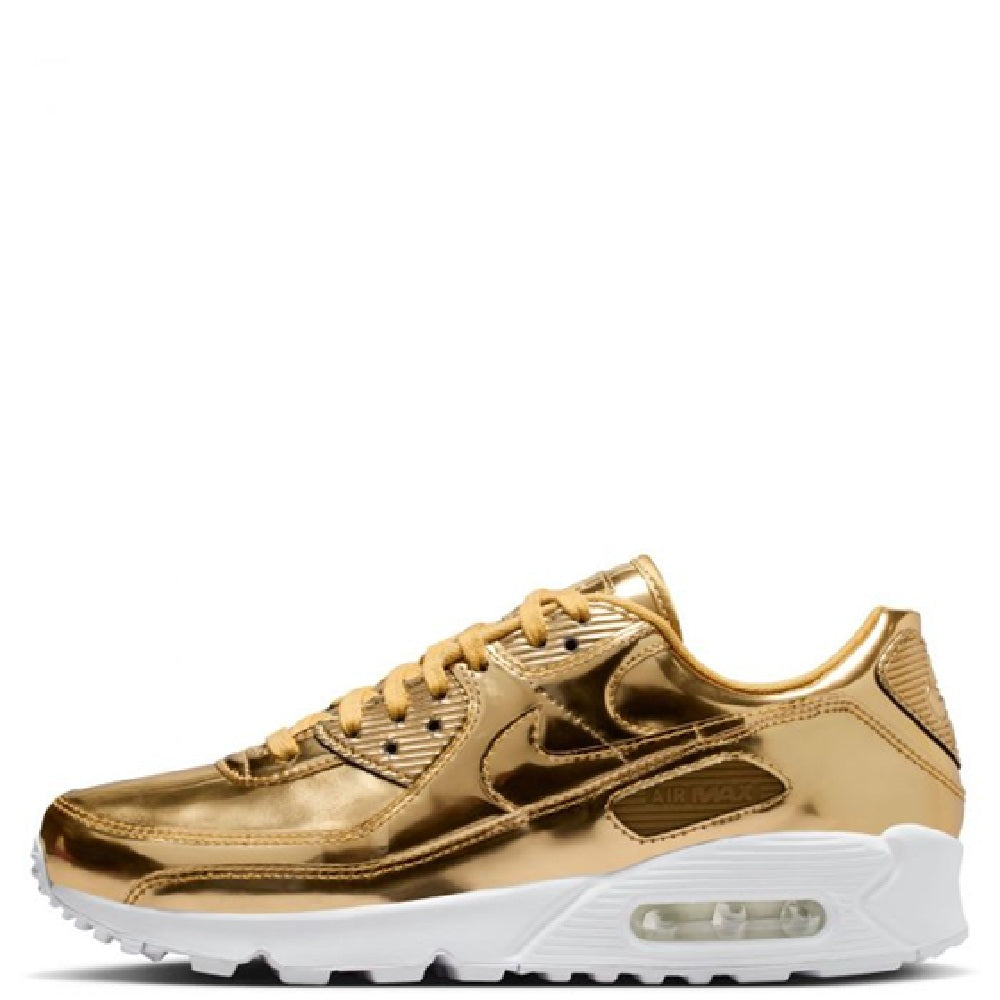 Metallic gold Nike lace-up sneaker with side swoosh and white tread sole