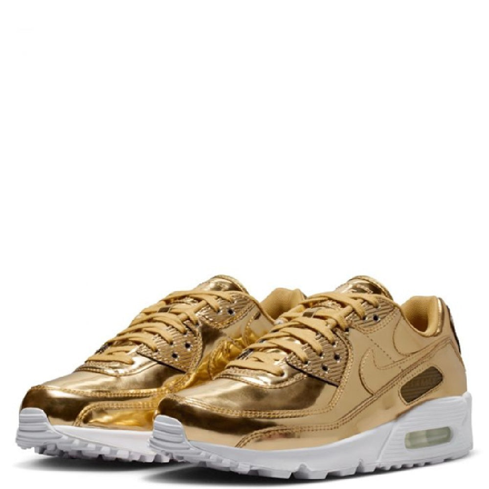Pair of metallic gold Nike sneakers with laces, side swoosh, and white cushioned sole