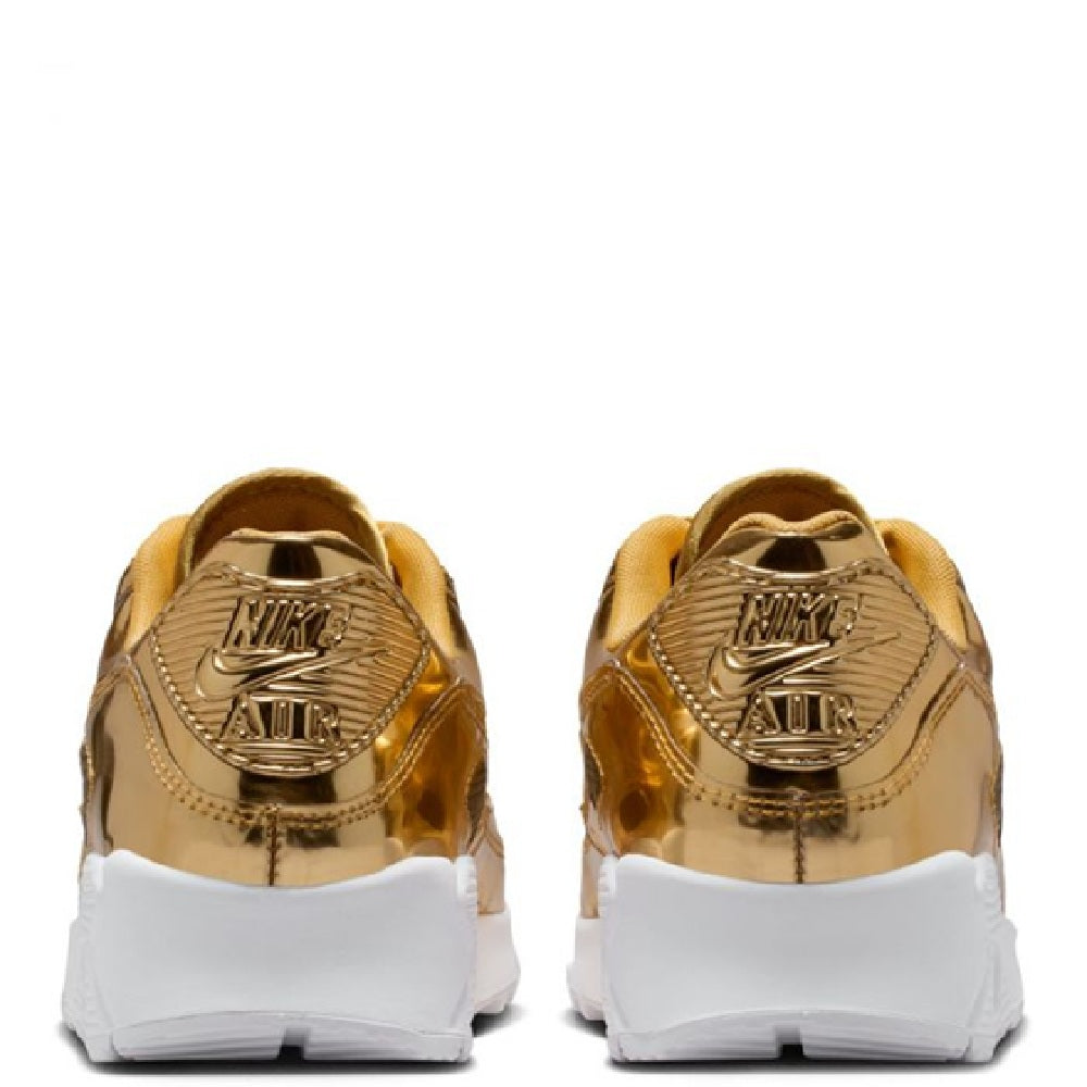 Metallic gold Nike Air heel sneakers with padded collar and white sole
