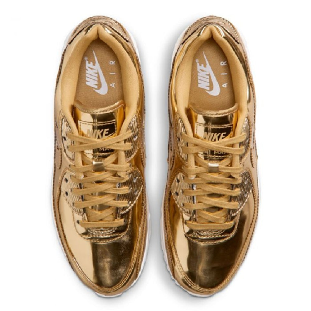 Metallic gold Nike Air sneakers viewed from top with laces and padded tongue