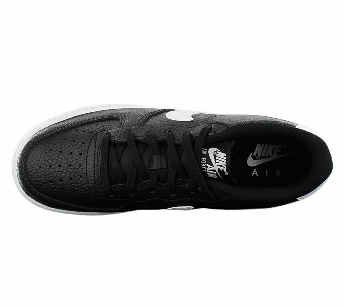Black kids sneaker top view with Nike Air on insole and lace-up closure