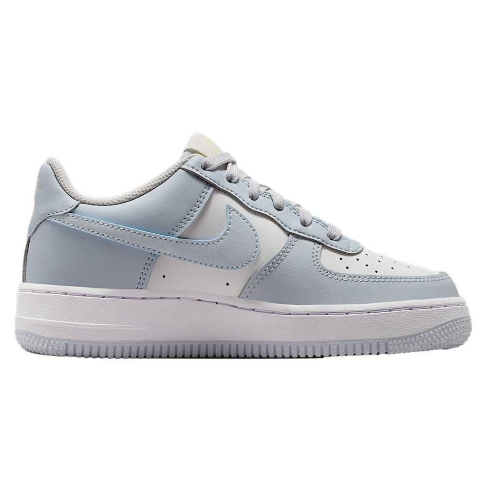 Kids' Nike Air Force 1 low-top sneakers, side view, light blue/white with swoosh