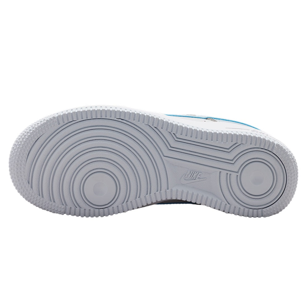 Kids' Nike Air Force 1 outsole view, textured rubber tread with light blue accents