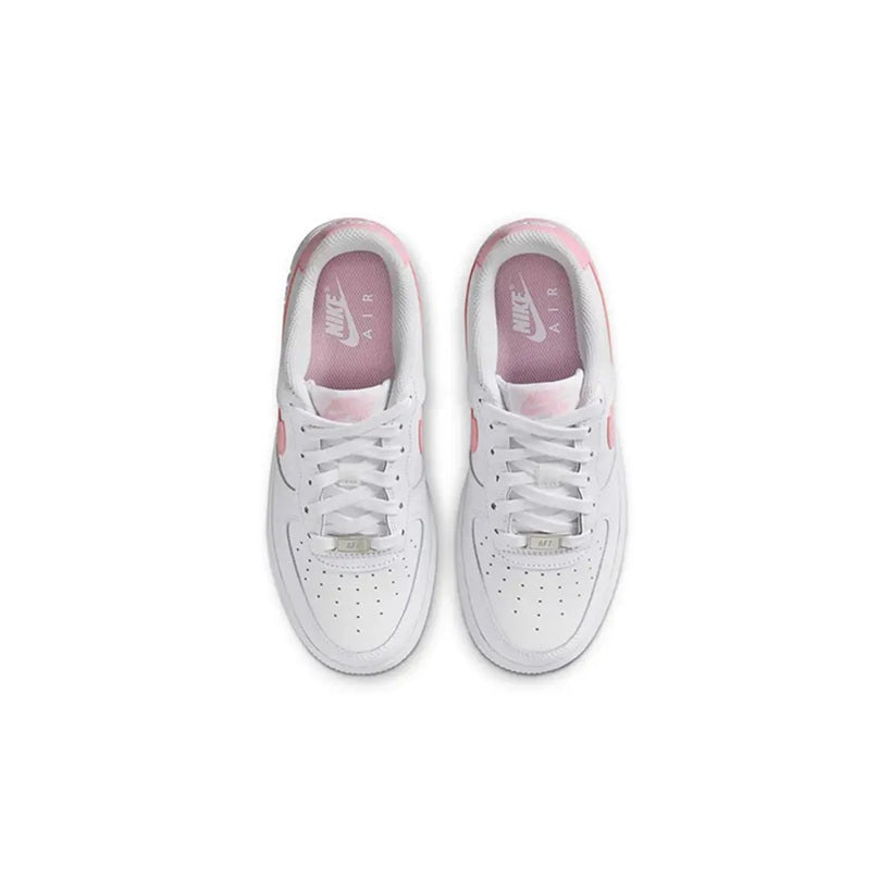 Kids' Nike Air Force 1 sneakers, top view with white laces and pink accents