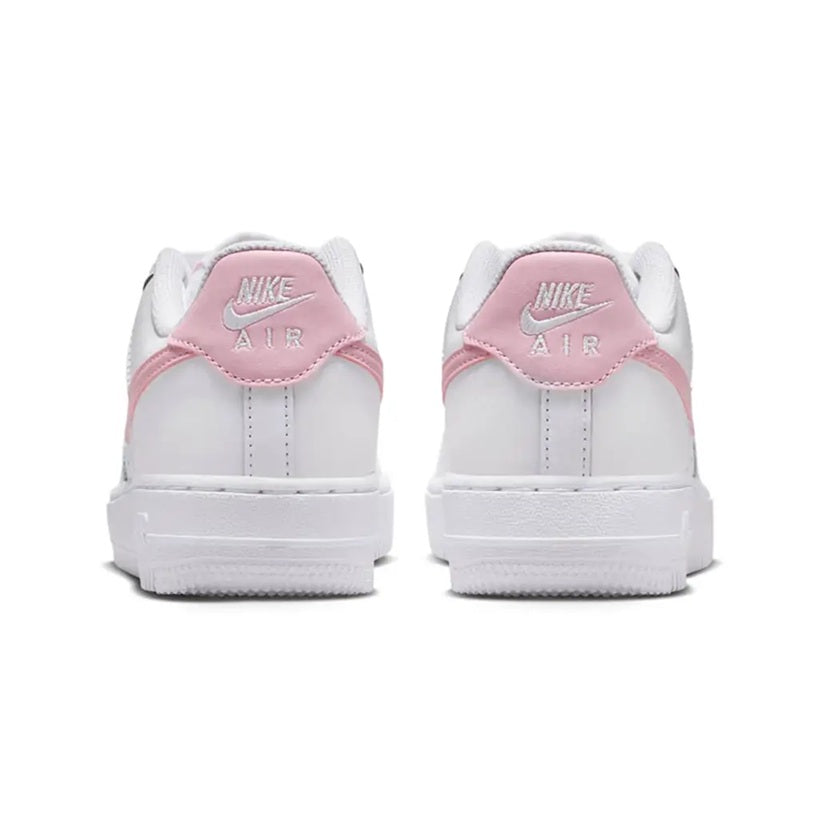 Kids' Nike Air Force 1 sneakers, back view with pink heel panels and Nike Air logo
