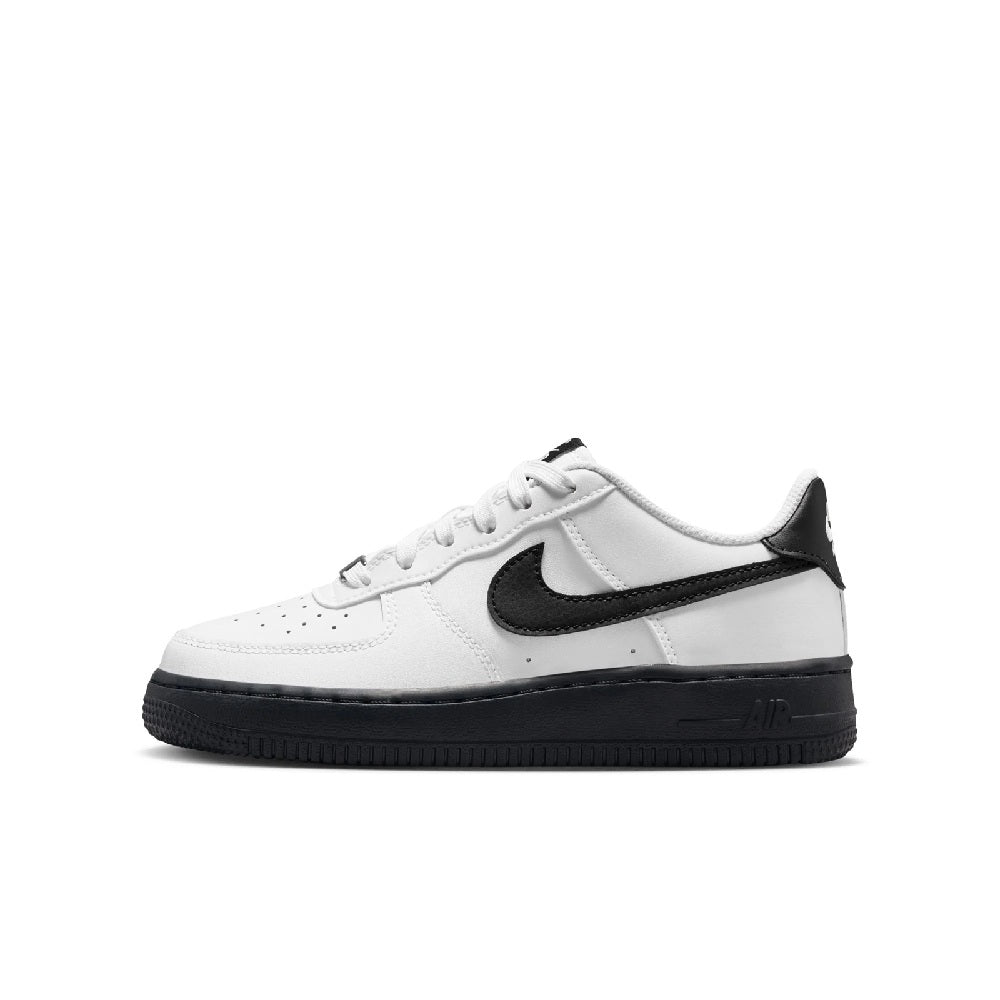 Kids' Nike Air Force 1 low-top sneakers, white upper with black swoosh and black sole.